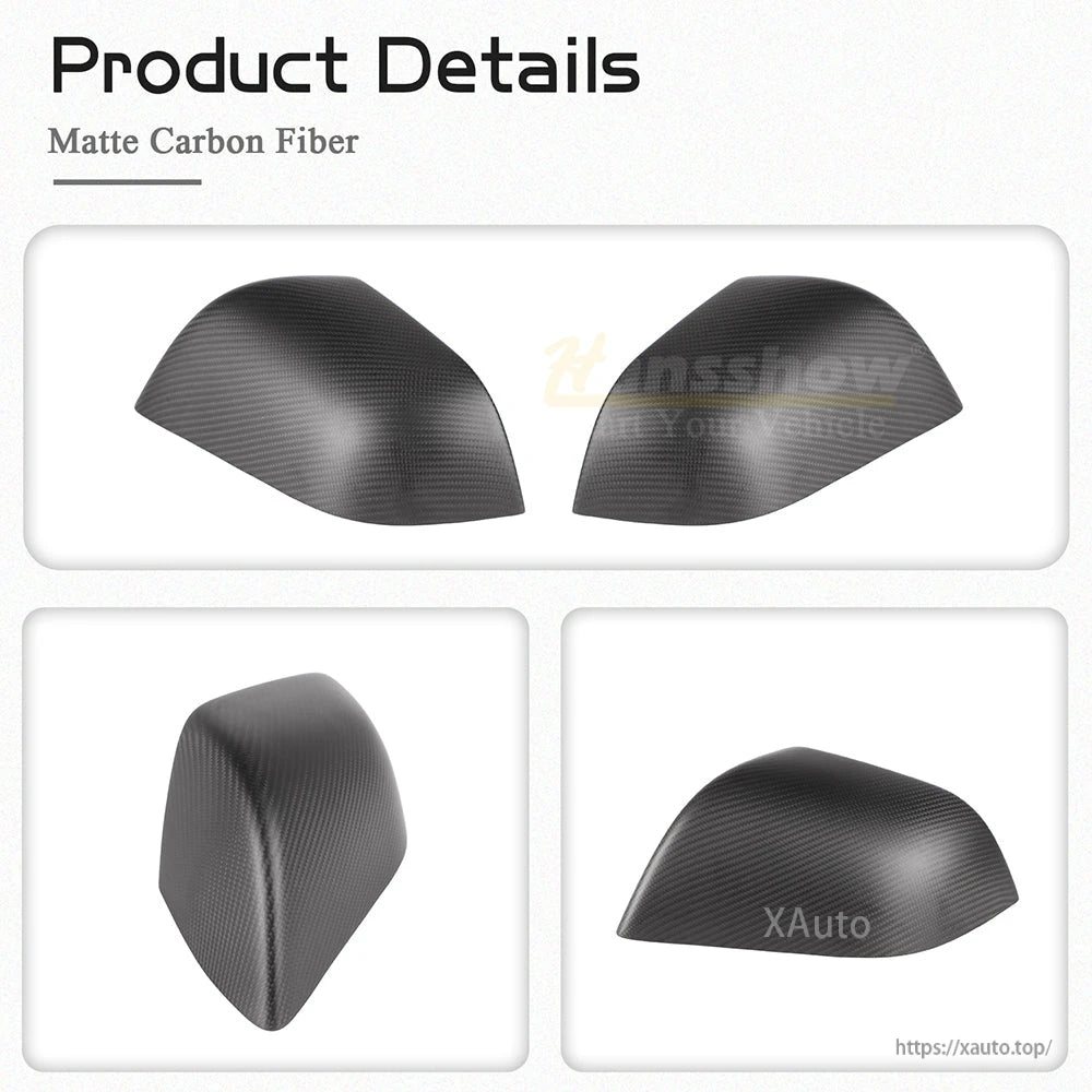 Matte carbon fiber mirror covers product details collage with multiple angles and texture view