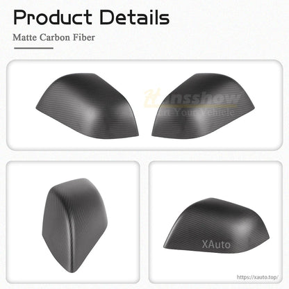Matte carbon fiber mirror covers product details collage with multiple angles and texture view