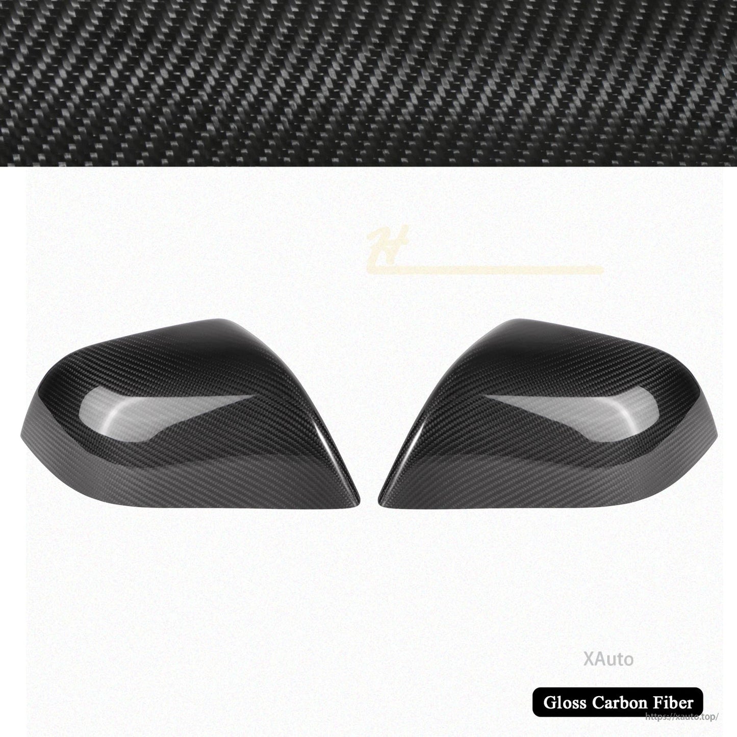 Pair of gloss carbon fiber mirror covers on white background with carbon weave banner