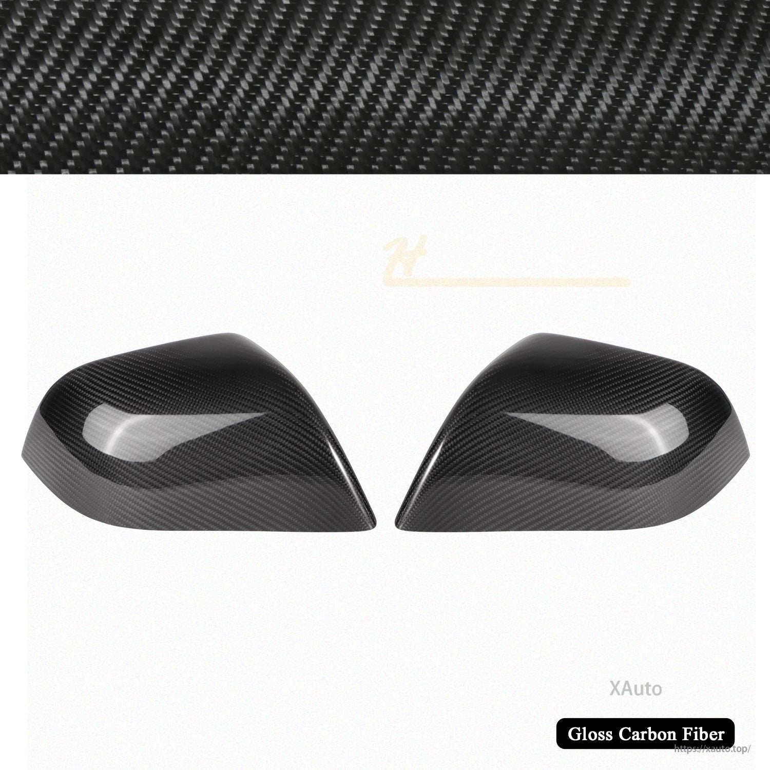 Pair of gloss carbon fiber mirror covers on white background with carbon weave banner