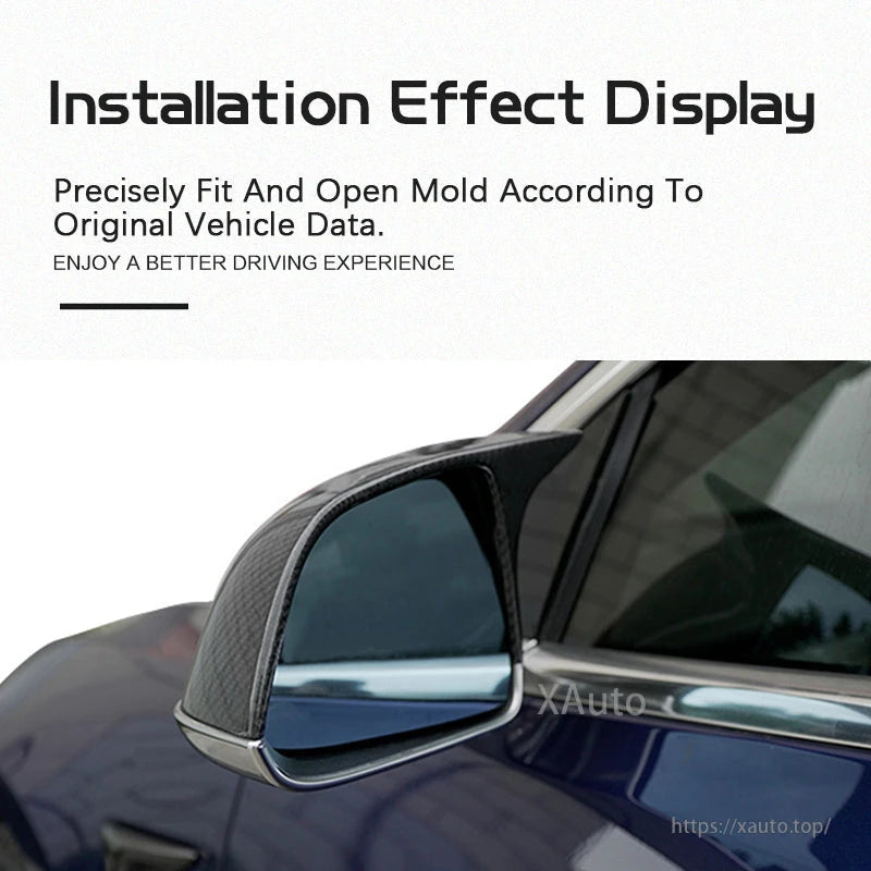 Installed mirror cover on Tesla showing side profile and wraparound edge coverage