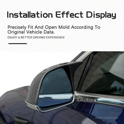 Installed mirror cover on Tesla showing side profile and wraparound edge coverage