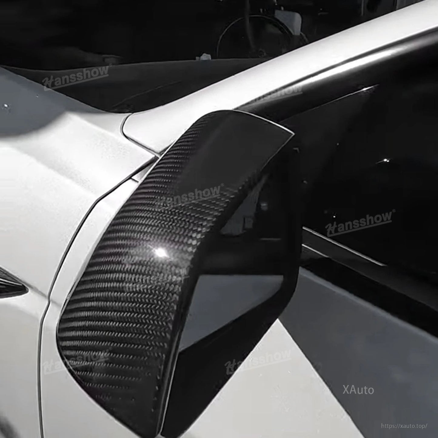Mirror cap cover on Tesla shown from side-rear perspective, emphasizing full corner coverage