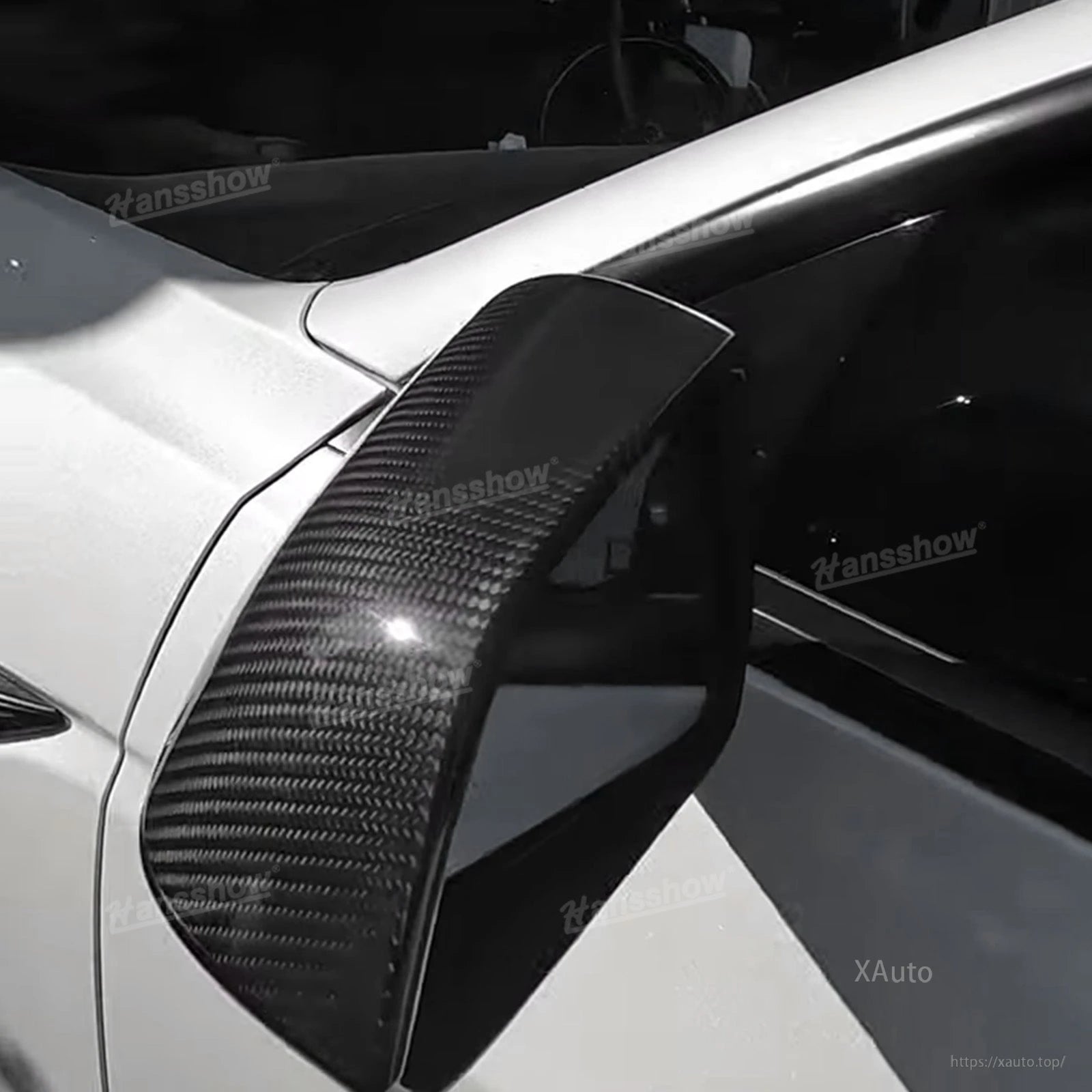 Mirror cap cover on Tesla shown from side-rear perspective, emphasizing full corner coverage