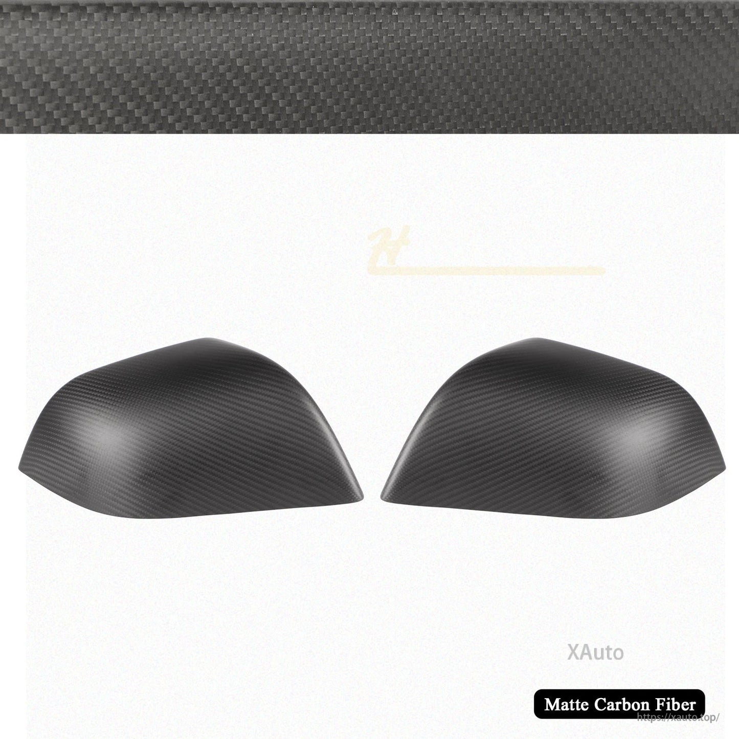 Pair of matte carbon fiber mirror covers on white background with texture banner