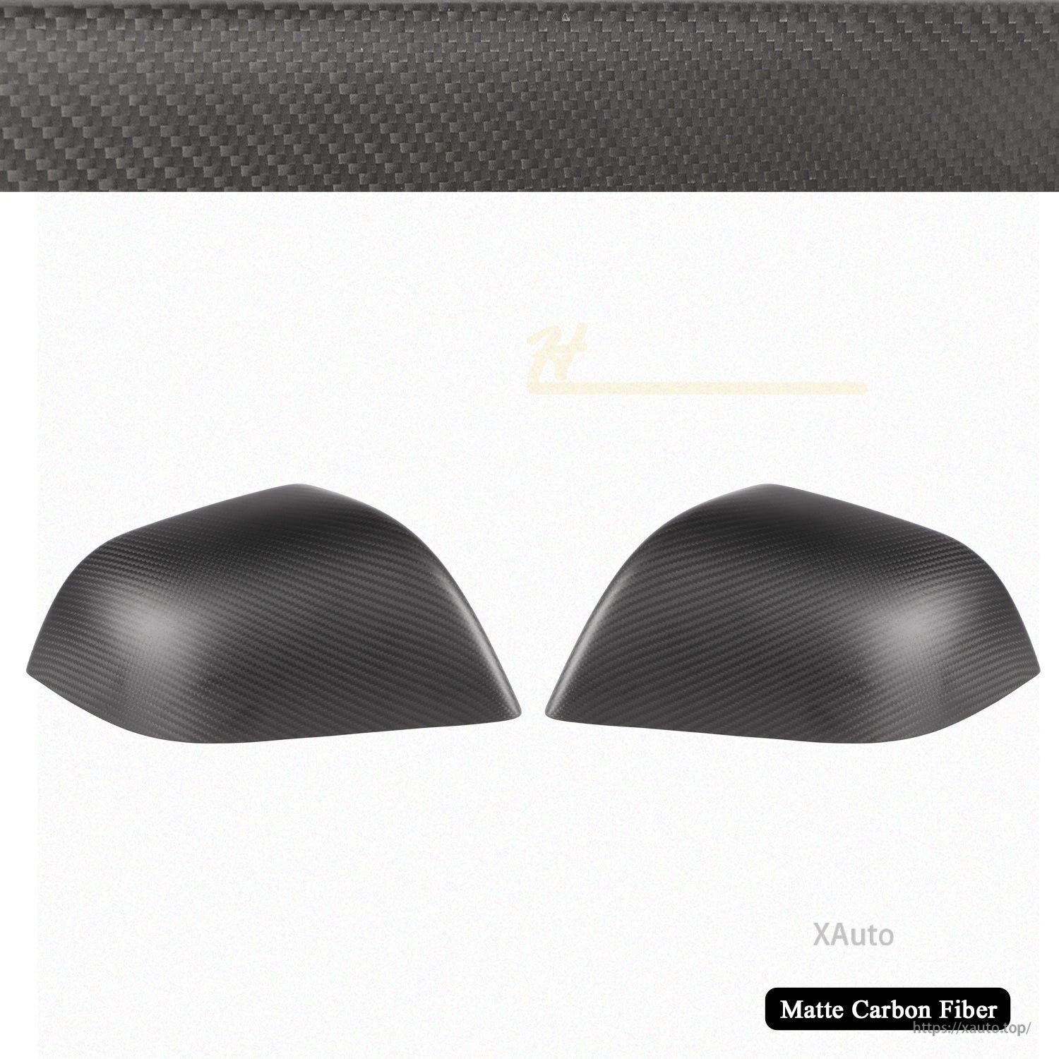 Pair of matte carbon fiber mirror covers on white background with texture banner