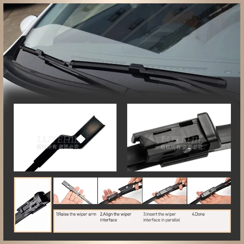 Instructions for installing Wiper Blades For BMW X1 F48 include raising the wiper arm, aligning the wiper blade, inserting the new one, and securing it.