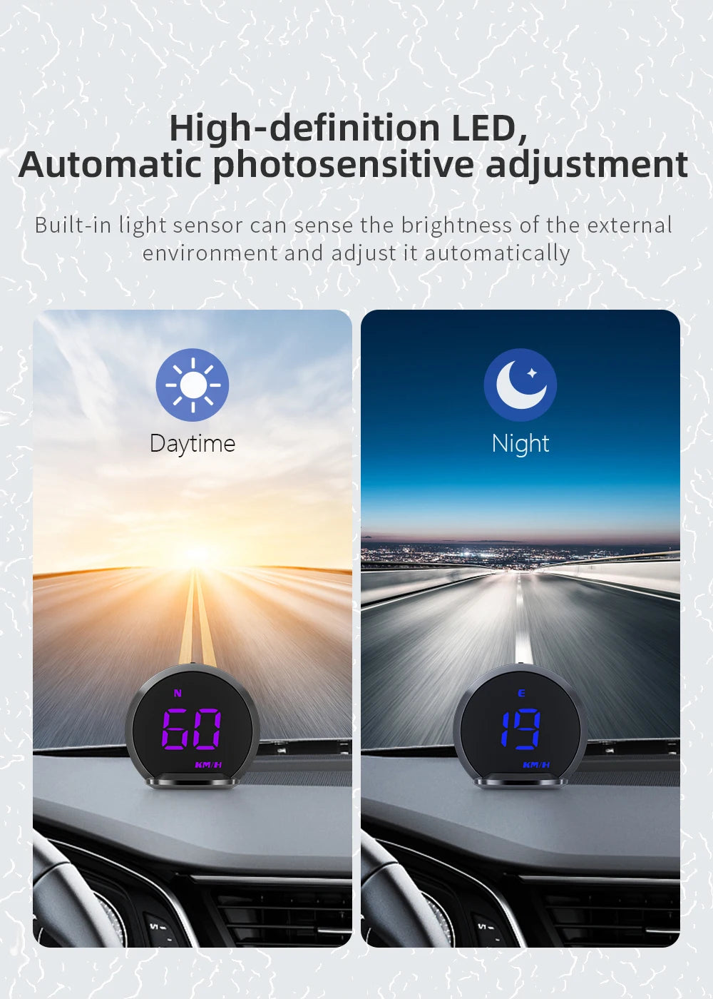 High-definition LED display features automatic photo-sensitive adjustment with built-in light sensor for daytime and nighttime use.