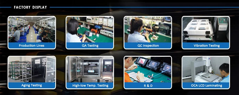 Hud, Factory display production lines for quality assurance testing, featuring various tests and a speedometer with an LCD display.