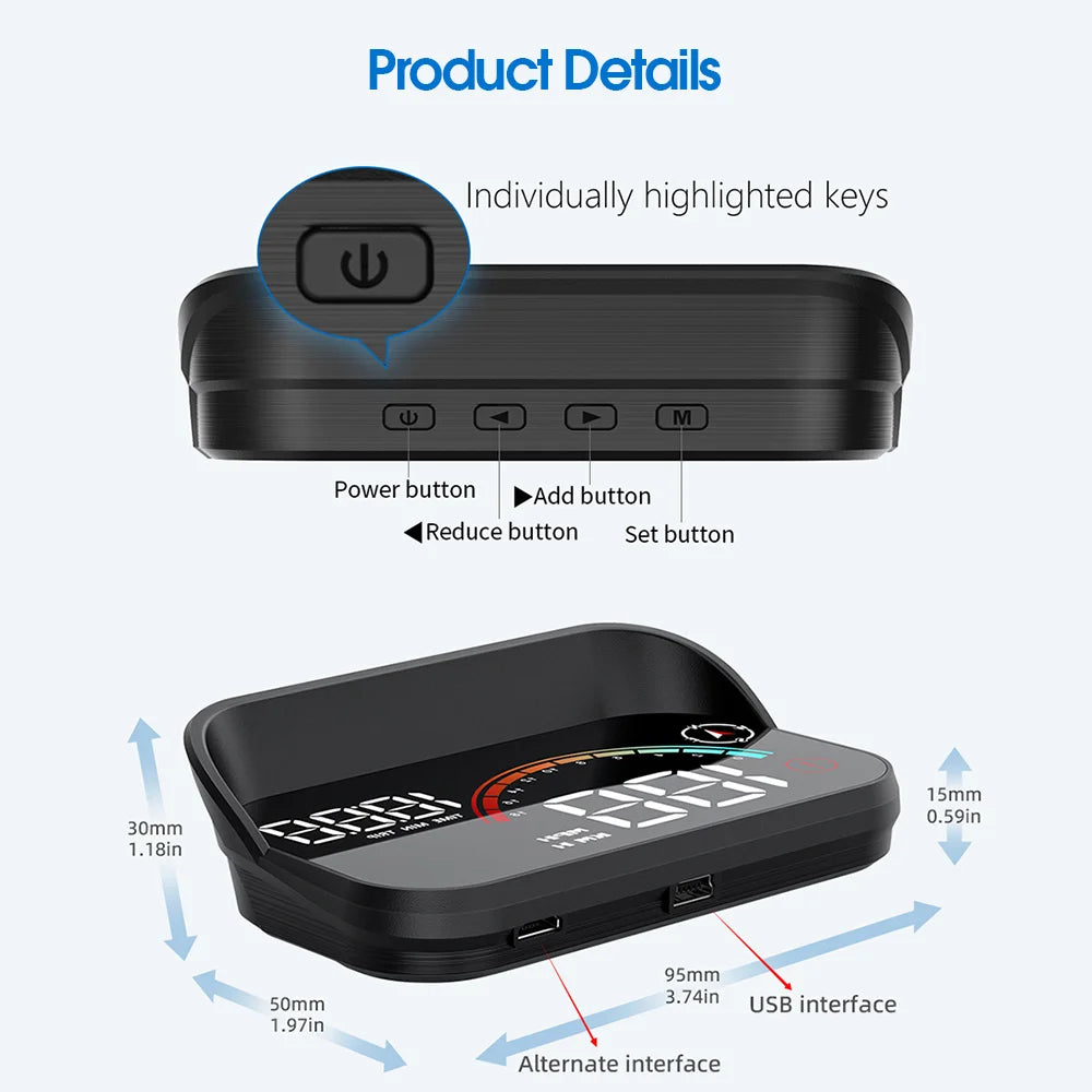 Hud, M Power button and other control buttons with various specifications and features.