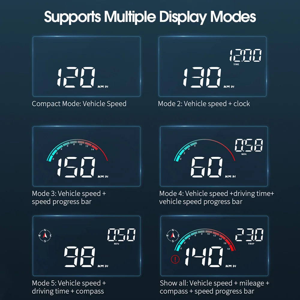 Hud, The display supports multiple modes, including vehicle speed, clock, mode, driving time, and a speed progress bar, with options to show all information.