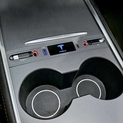 Tesla Model 3 & Model Y Center Console USB-C Docking Hub Charger with Dual Retractable Cables (27W Fast Charging) – OEM Grey Finish | 2021–2023 Model 3 & 2021–2024 Model Y