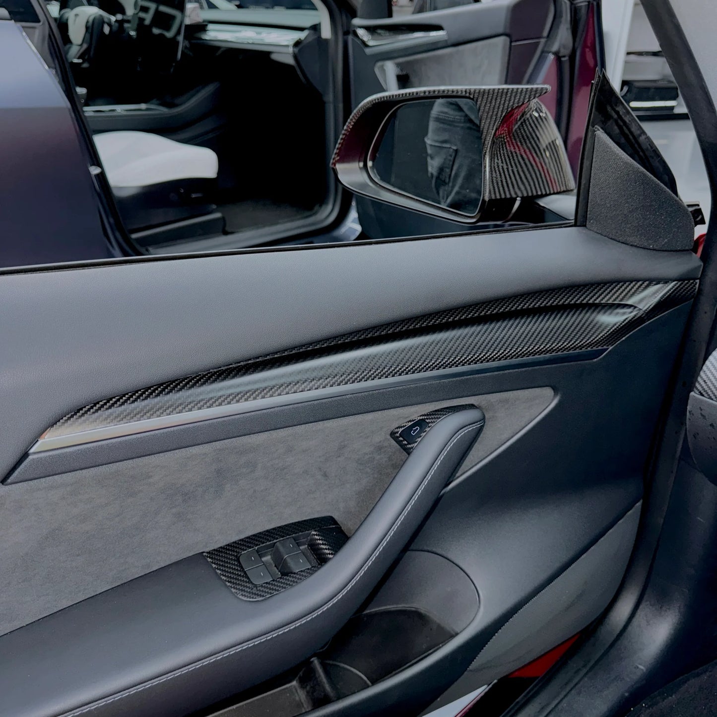 Tesla Model 3 & Model Y Extended Front Door Panel Overlay Covers (Version 2.0) – Real Dry Molded Carbon Fiber Interior Upgrade (30% Increased Coverage)