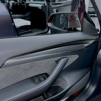 Tesla Model 3 & Model Y Extended Front Door Panel Overlay Covers (Version 2.0) – Real Dry Molded Carbon Fiber Interior Upgrade (30% Increased Coverage)