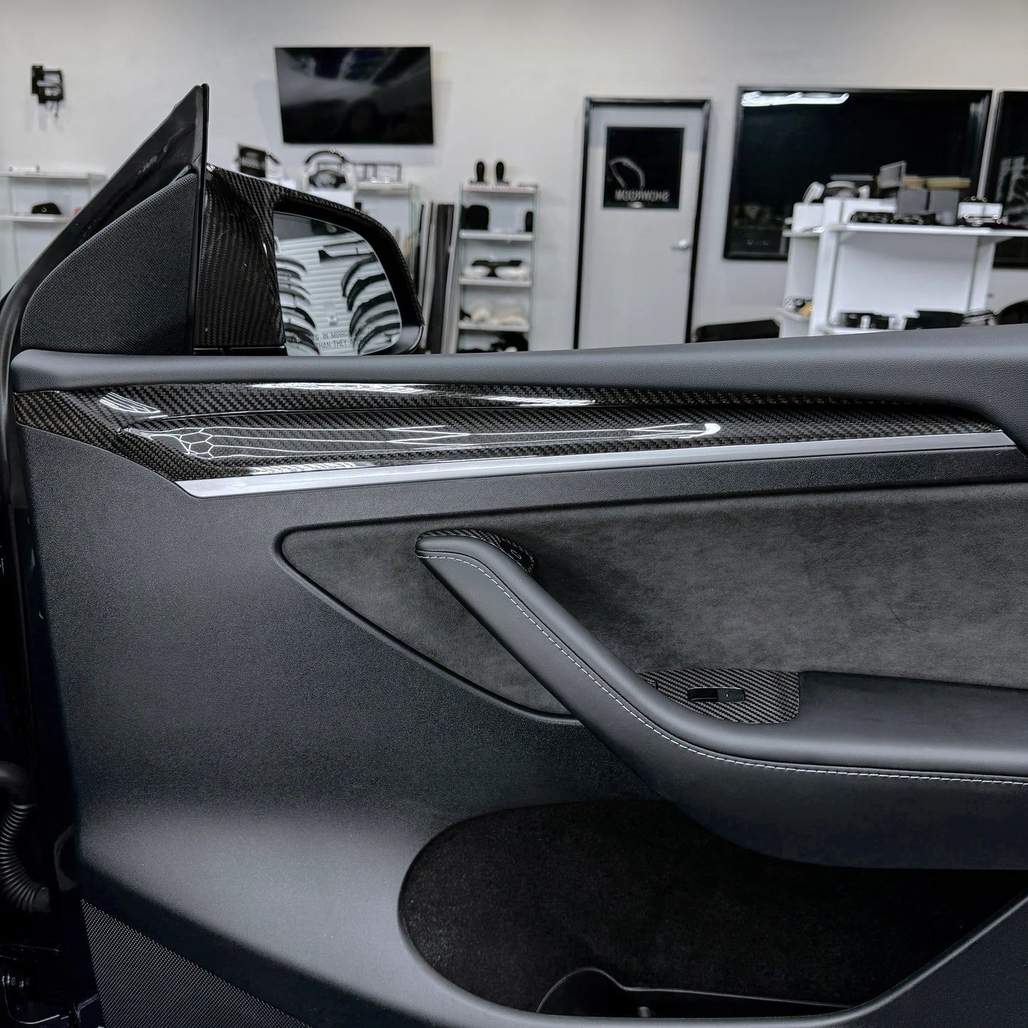 Tesla Model 3 & Model Y Extended Front Door Panel Overlay Covers (Version 2.0) – Real Dry Molded Carbon Fiber Interior Upgrade (30% Increased Coverage)