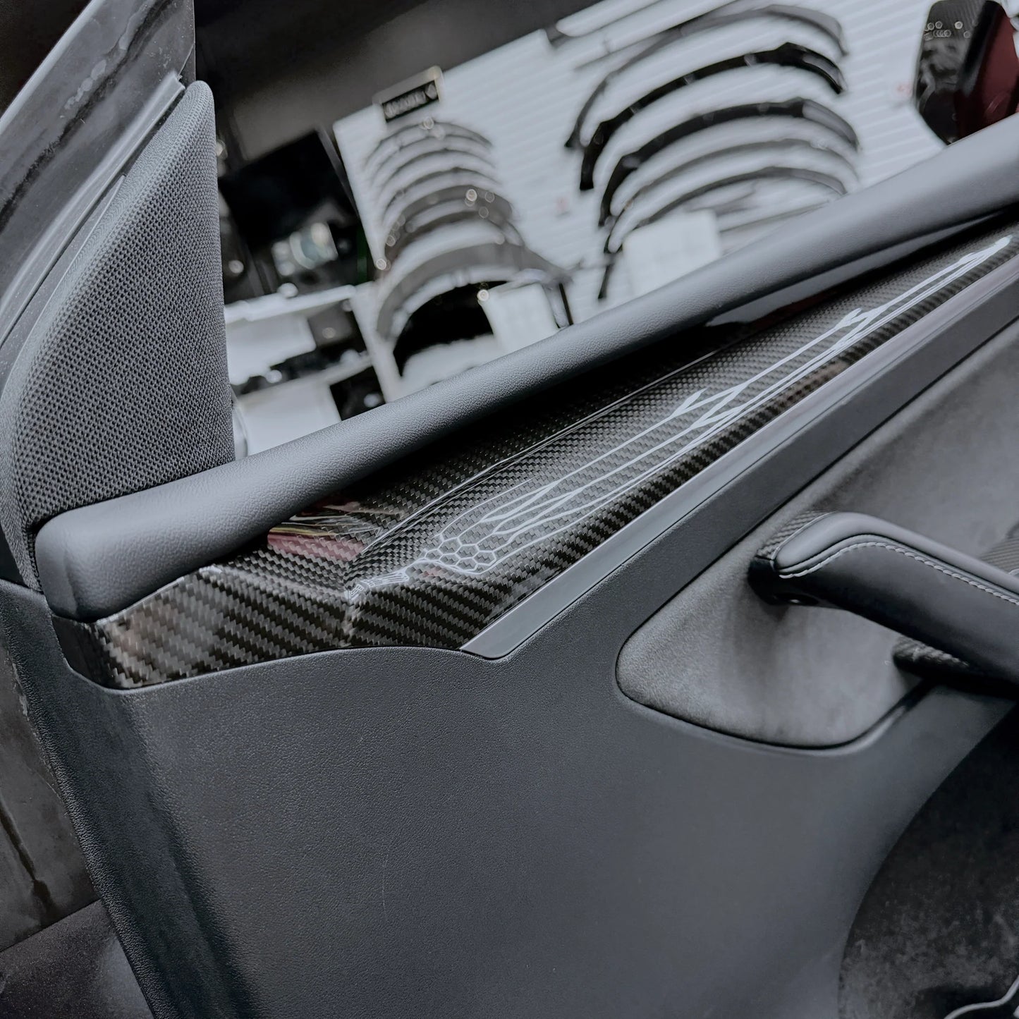 Tesla Model 3 & Model Y Extended Front Door Panel Overlay Covers (Version 2.0) – Real Dry Molded Carbon Fiber Interior Upgrade (30% Increased Coverage)