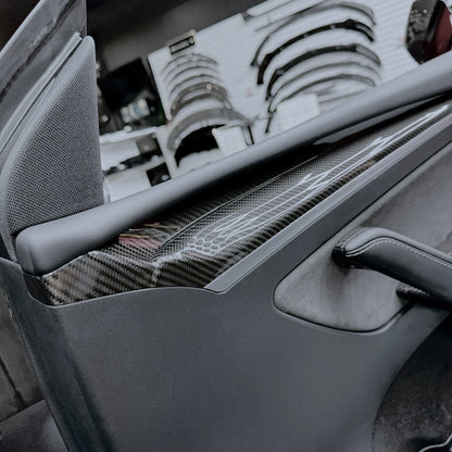 Tesla Model 3 & Model Y Extended Front Door Panel Overlay Covers (Version 2.0) – Real Dry Molded Carbon Fiber Interior Upgrade (30% Increased Coverage)