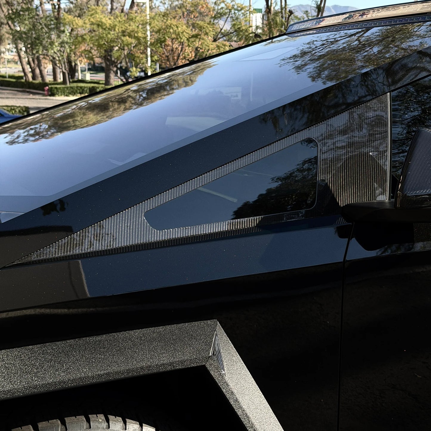 Tesla Cybertruck A-Pillar Full Corner Window Overlay (1 Pair) – Real Dry Molded Carbon Fiber Exterior Trim, Glossy or Matte Finish
