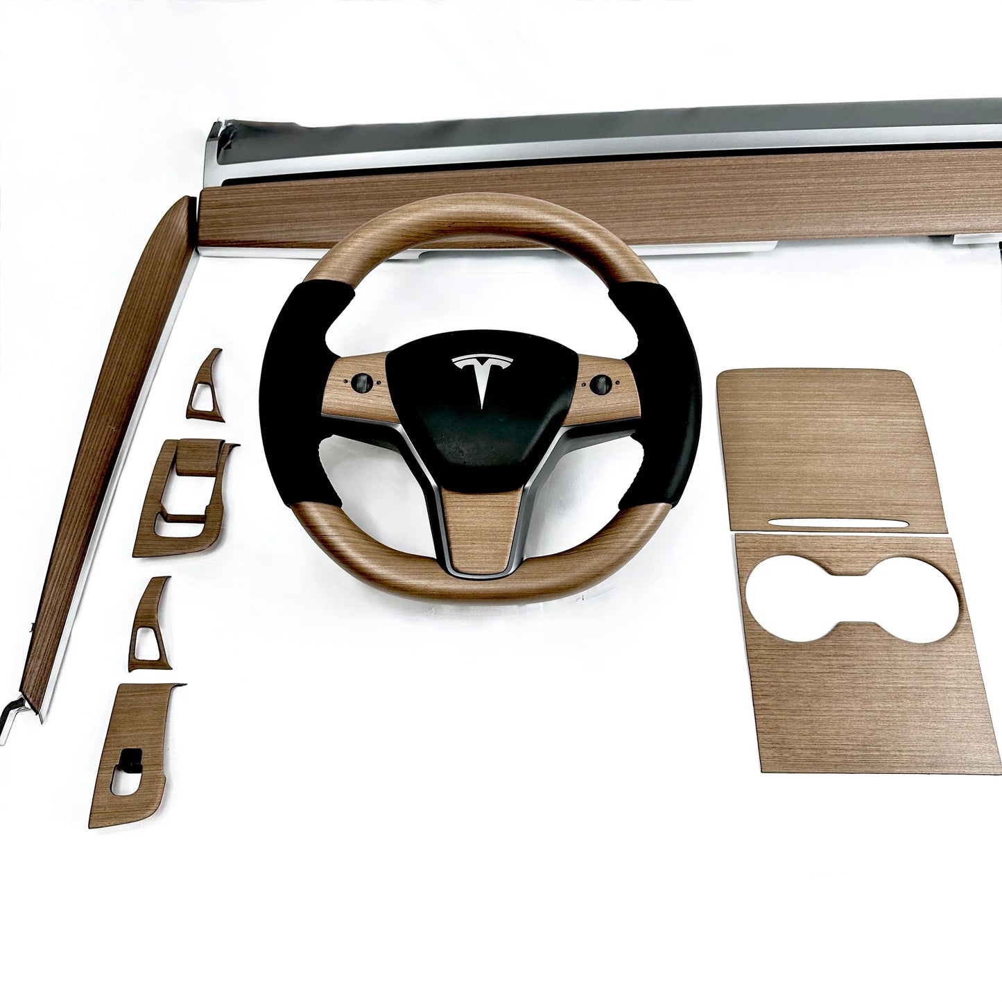 2017–2023 Tesla Model 3 Steering Wheel Button Overlay & 2020–2024 Tesla Model Y Steering Wheel Button Overlay (3-Piece) – Real Open-Pore Wood Veneer Trim Cover