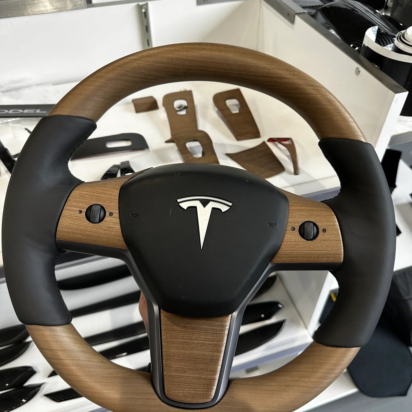 2017–2023 Tesla Model 3 Steering Wheel Button Overlay & 2020–2024 Tesla Model Y Steering Wheel Button Overlay (3-Piece) – Real Open-Pore Wood Veneer Trim Cover