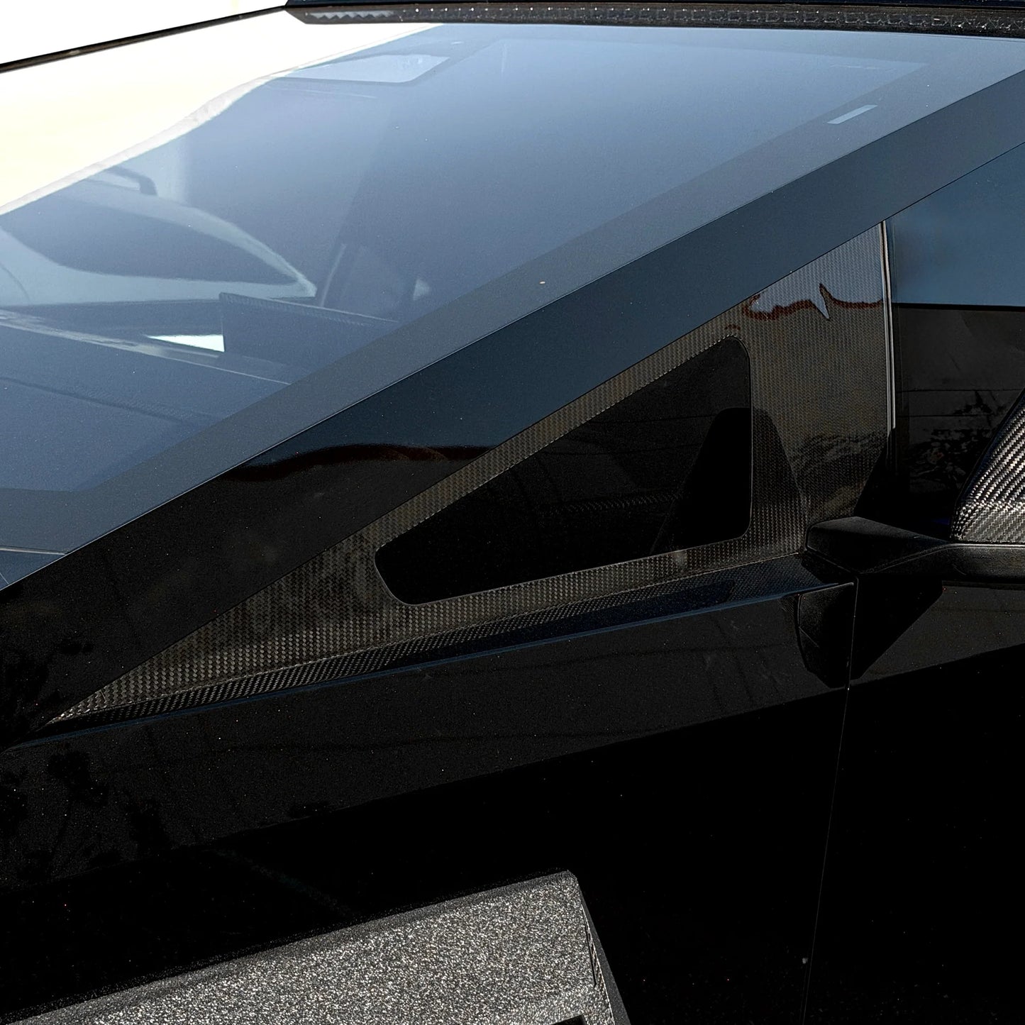 Tesla Cybertruck A-Pillar Full Corner Window Overlay (1 Pair) – Real Dry Molded Carbon Fiber Exterior Trim, Glossy or Matte Finish