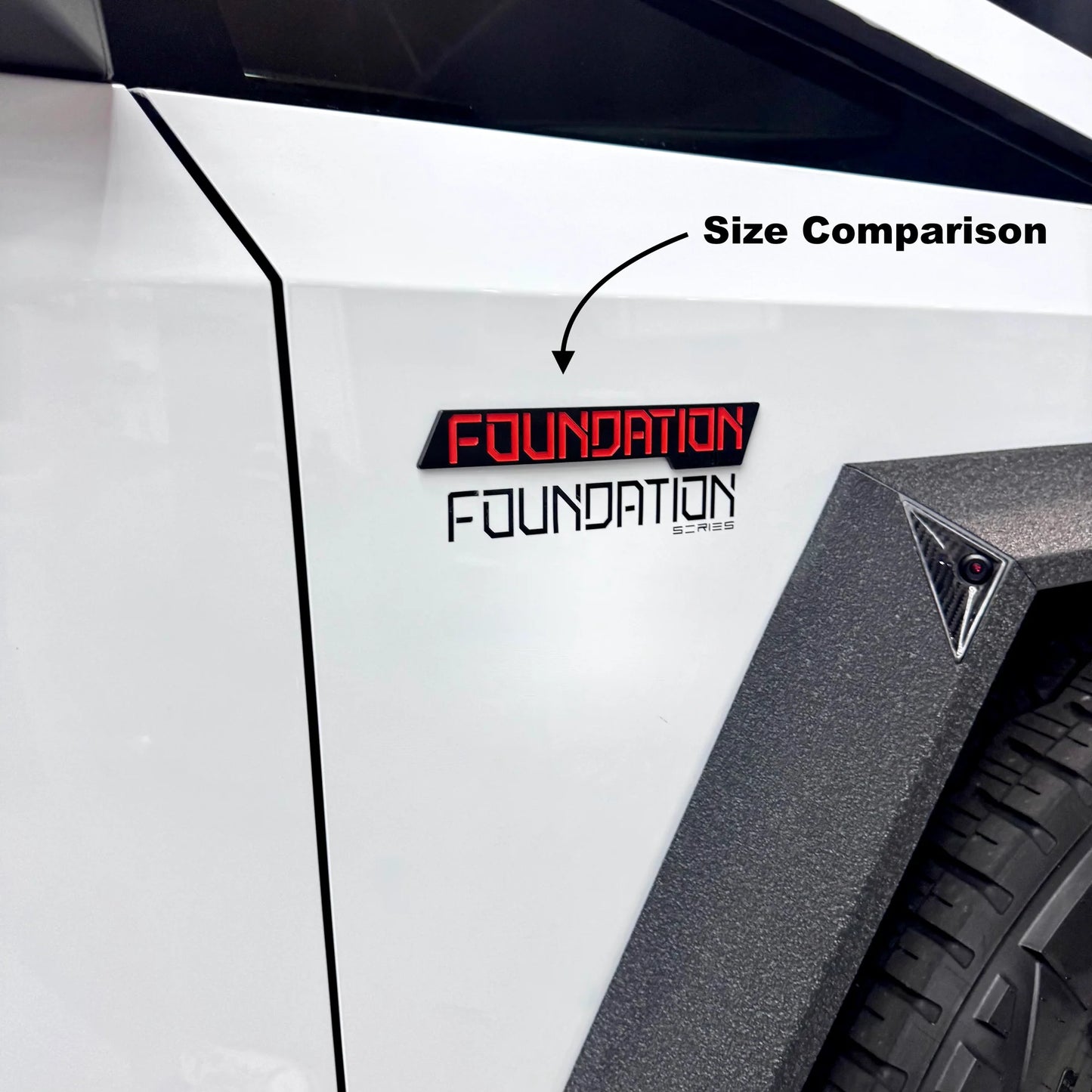 Tesla Cybertruck Foundation Emblem Overlay – Raised Red Letter Plastic Badge Cover (1 Pair, Left & Right)