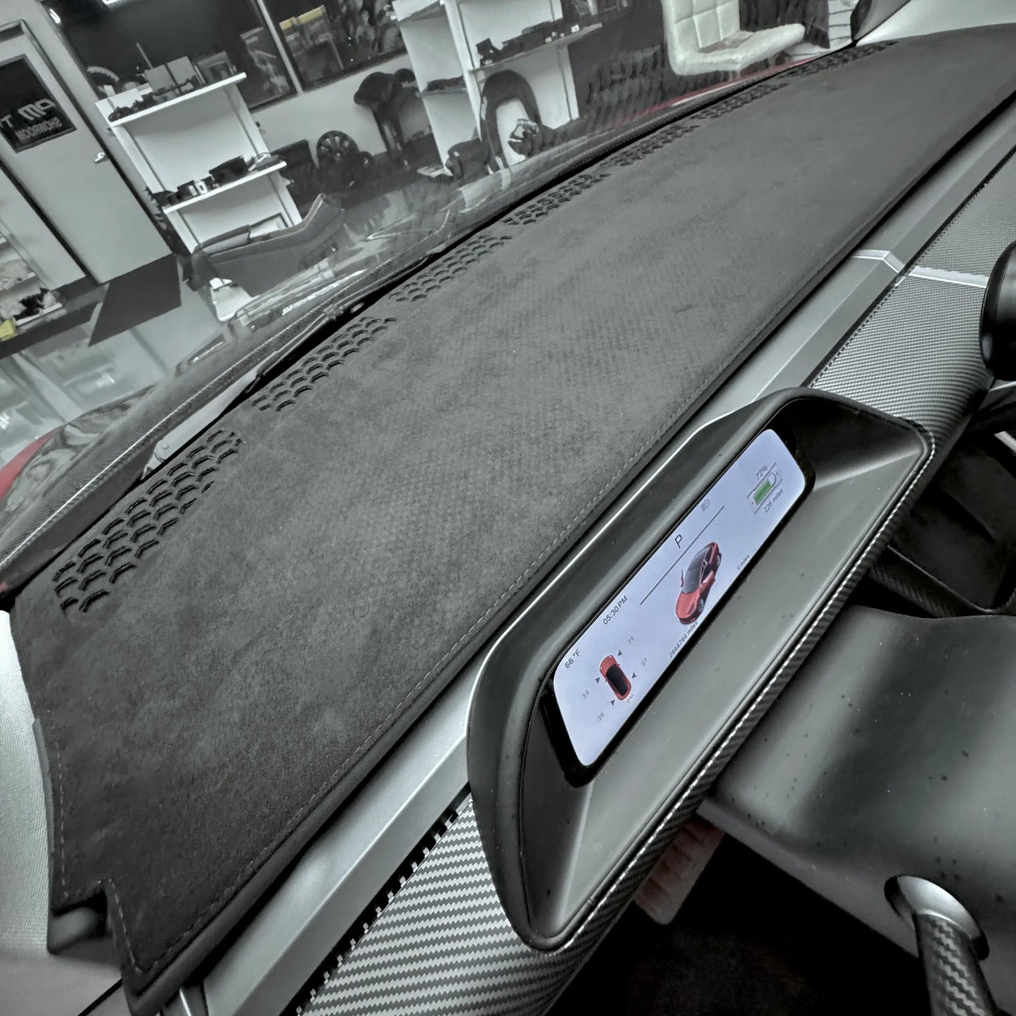 2017–2023 Tesla Model 3 & 2020–2025 Model Y Dashboard & Air Vent Full Cover – Door Panel Matching Dark Grey Alcantara (Non-Slip, Tuck-In Design)