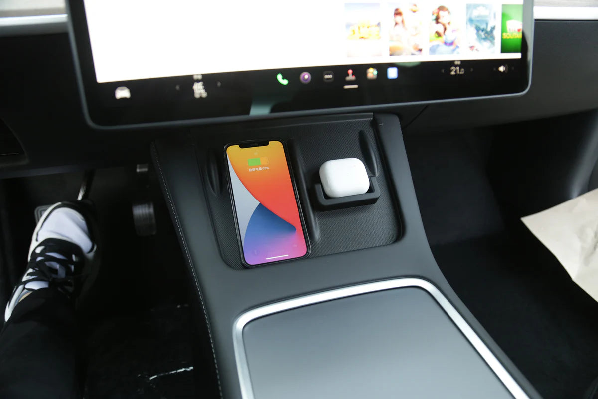 Wireless Charger Protective Pad with AirPods Charging Dock for Tesla Model 3 (2021–2023) & Model Y (2021–2024 Refresh) Center Console