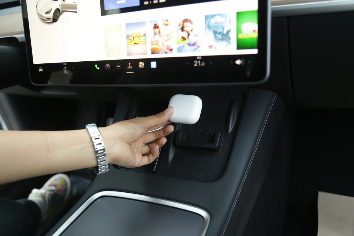 Wireless Charger Protective Pad with AirPods Charging Dock for Tesla Model 3 (2021–2023) & Model Y (2021–2024 Refresh) Center Console