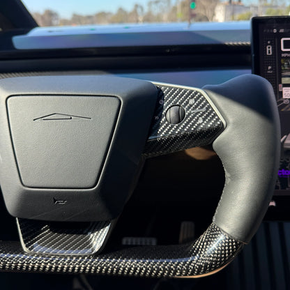 Tesla Cybertruck Steering Wheel Bezel Wrap Kit (3-Piece) – Carbon Fiber Style Vinyl / Gloss PPF Options | Precision Laser-Cut Interior Trim Overlay