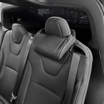 Tesla Model S, Model 3, Model X & Model Y Memory Foam Headrest Neck Support Pillows (1 Pair) – Universal V-Style Fit, Vegan Leather Interior Match | Version 2.0