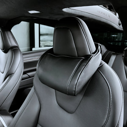 Tesla Model S, Model 3, Model X & Model Y Memory Foam Headrest Neck Support Pillows (1 Pair) – Universal V-Style Fit, Vegan Leather Interior Match | Version 2.0