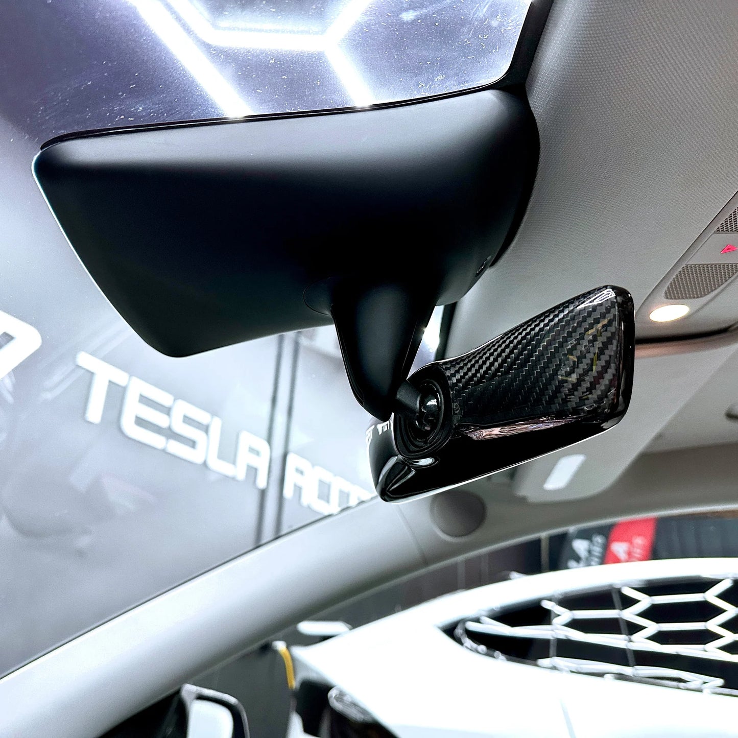 2017–2023 Tesla Model 3 & 2020–2024 Model Y Rearview Mirror Backside Overlay – Real Molded Carbon Fiber Cover (Glossy / Matte / Red / Forged)