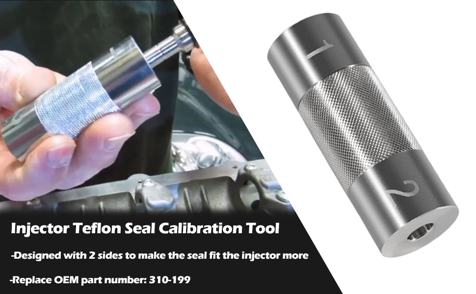 Injector Teflon Seal Calibration Tool calibrates injectors with two-sided design for proper fit.