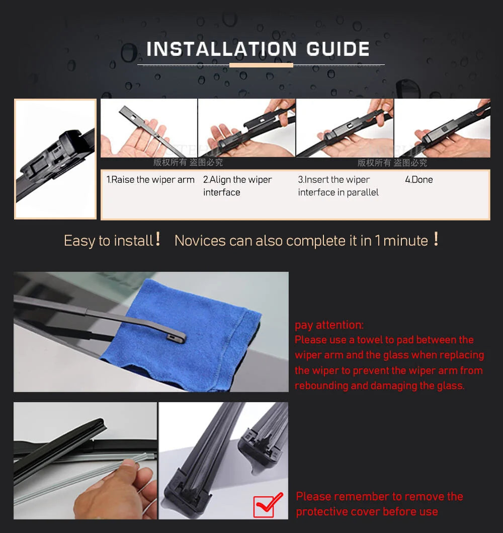 Install BMW X1 F48 wiper blades in 4 steps: raise arm, align wiper, insert blade, secure interface.