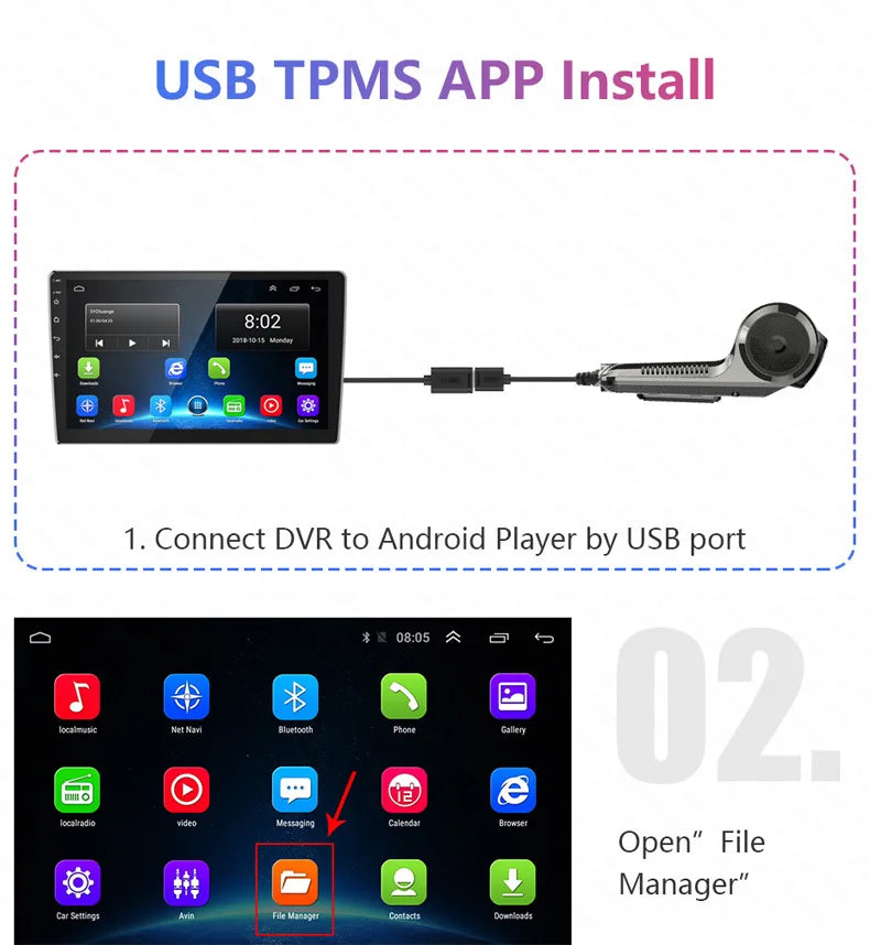 Install CarDashCam HD USB TPMS app on Android, connecting via USB for features like local time, Bluetooth, and file management.