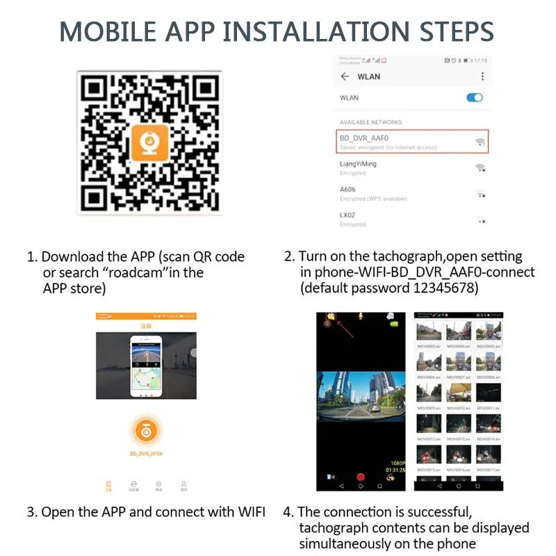 Install Roadcam app by scanning QR code or searching in store, set default password, connect to Wi-Fi, and display tachograph contents on phone.