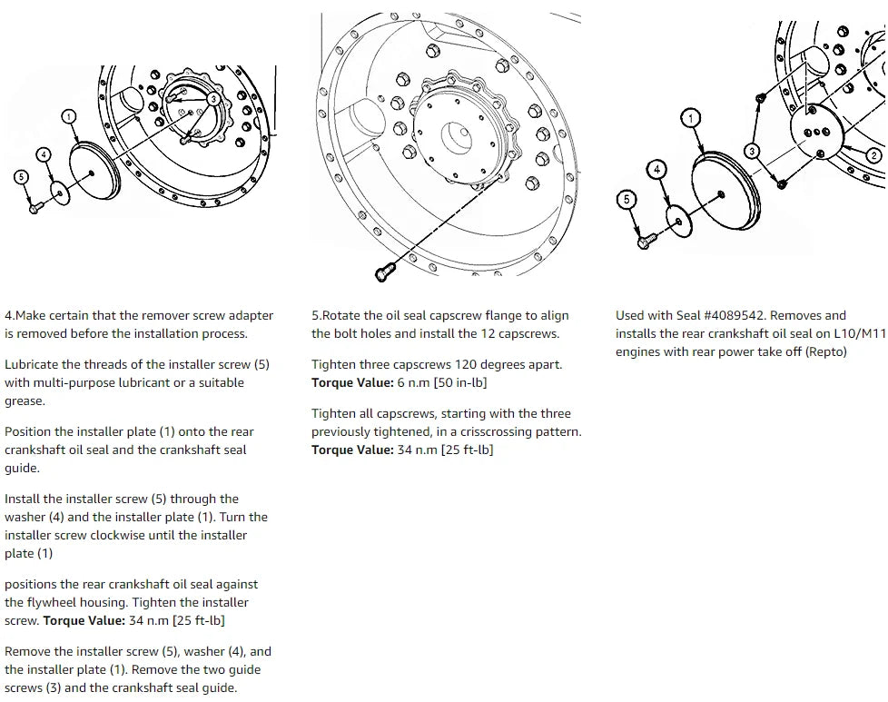 Install rear crankshaft oil seal on L1O/M1 engines with Repto, tighten capscrews to 6n.m, then installer screw to 34n.m.