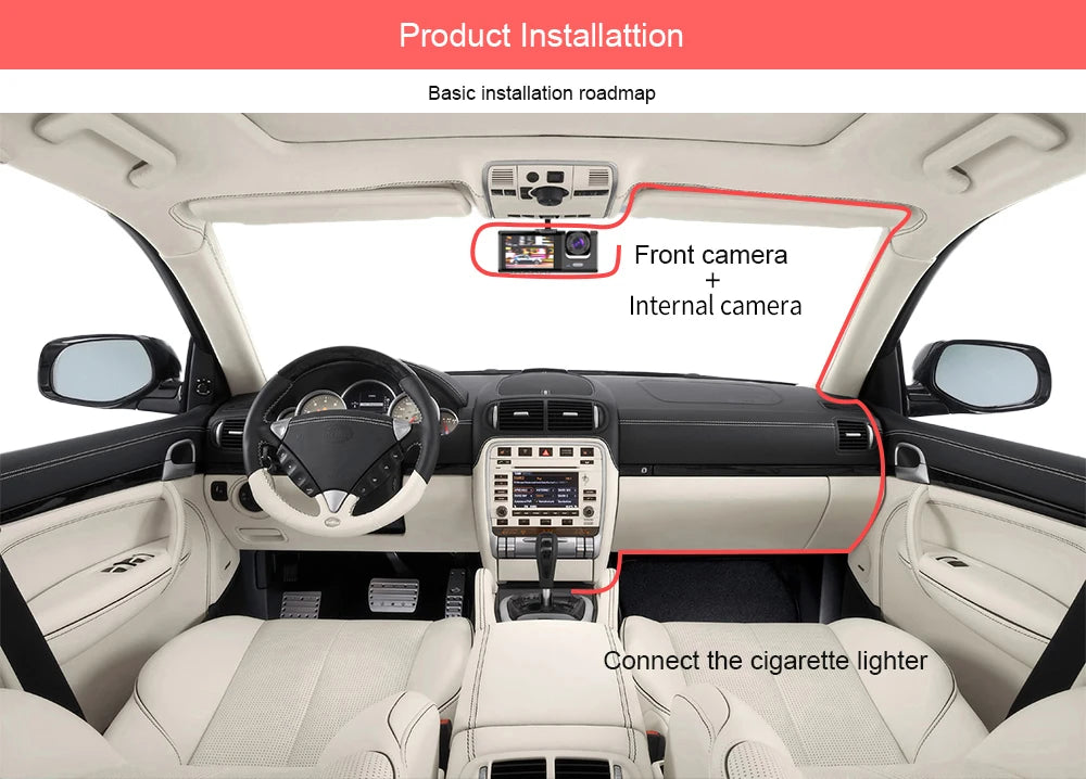 Installation roadmap for DashCam 3L product, including front camera, internal camera and connection to cigarette lighter.