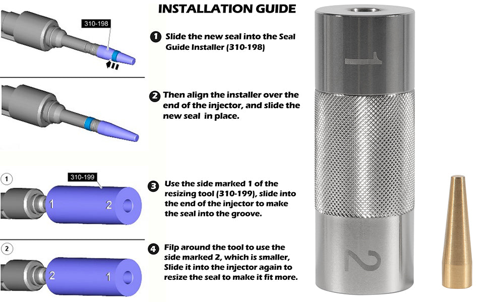 Installing a new seal on a Jaguar 3.0L Fuel Injector involves aligning the installer and resizing the seal using tools (310-198, 310-199).