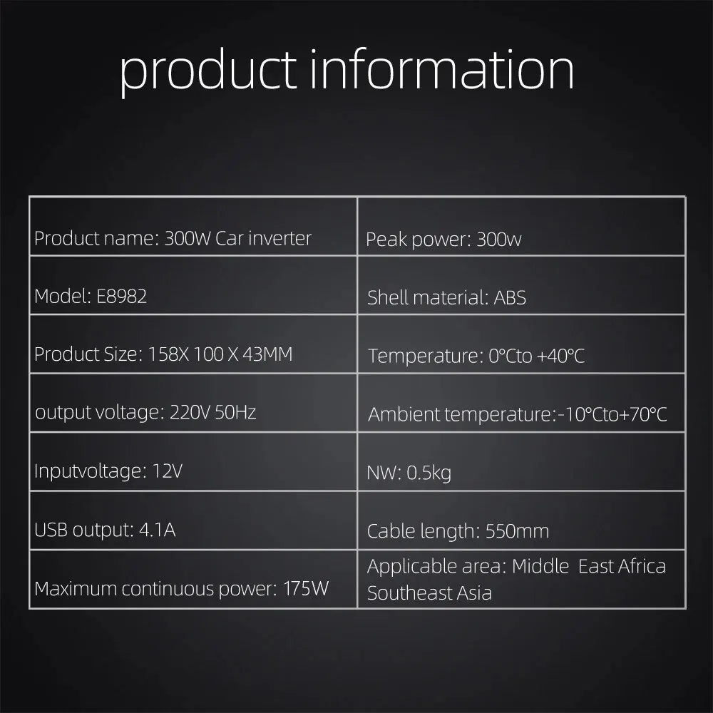 Inverter with 300W peak power, E8982 model, ABS shell, operating range -10°C to +40°C.