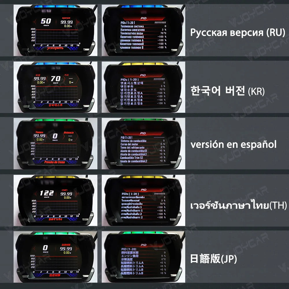 Joycar V80 HUD product image with various PIDs, speed, and range information.