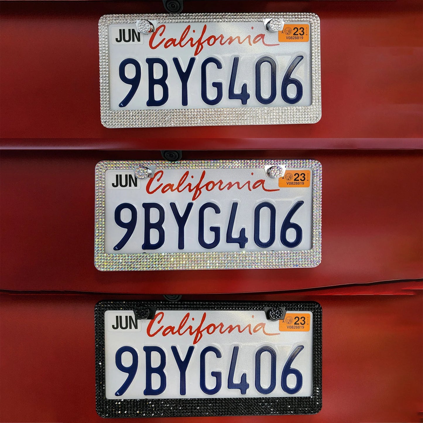 Bling Aluminum License Plate Frame with Sparkle Screw Caps – Fits Tesla Model S / Model 3 / Model X / Model Y – Silver, Black & Pearlescent Options