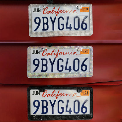 Bling Aluminum License Plate Frame with Sparkle Screw Caps – Fits Tesla Model S / Model 3 / Model X / Model Y – Silver, Black & Pearlescent Options