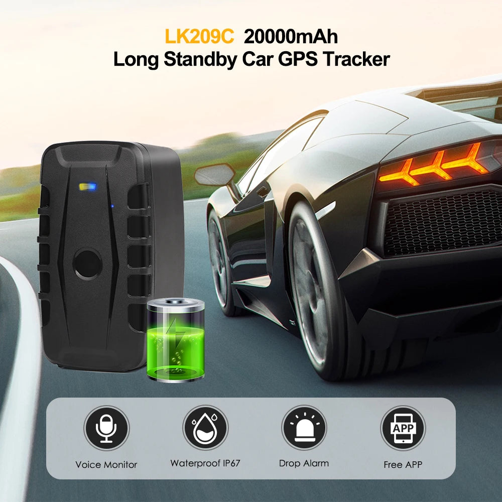 Long-standing car GPS tracker with app, voice monitor, and waterproof design for vehicle tracking, real-time monitoring, and alert system.