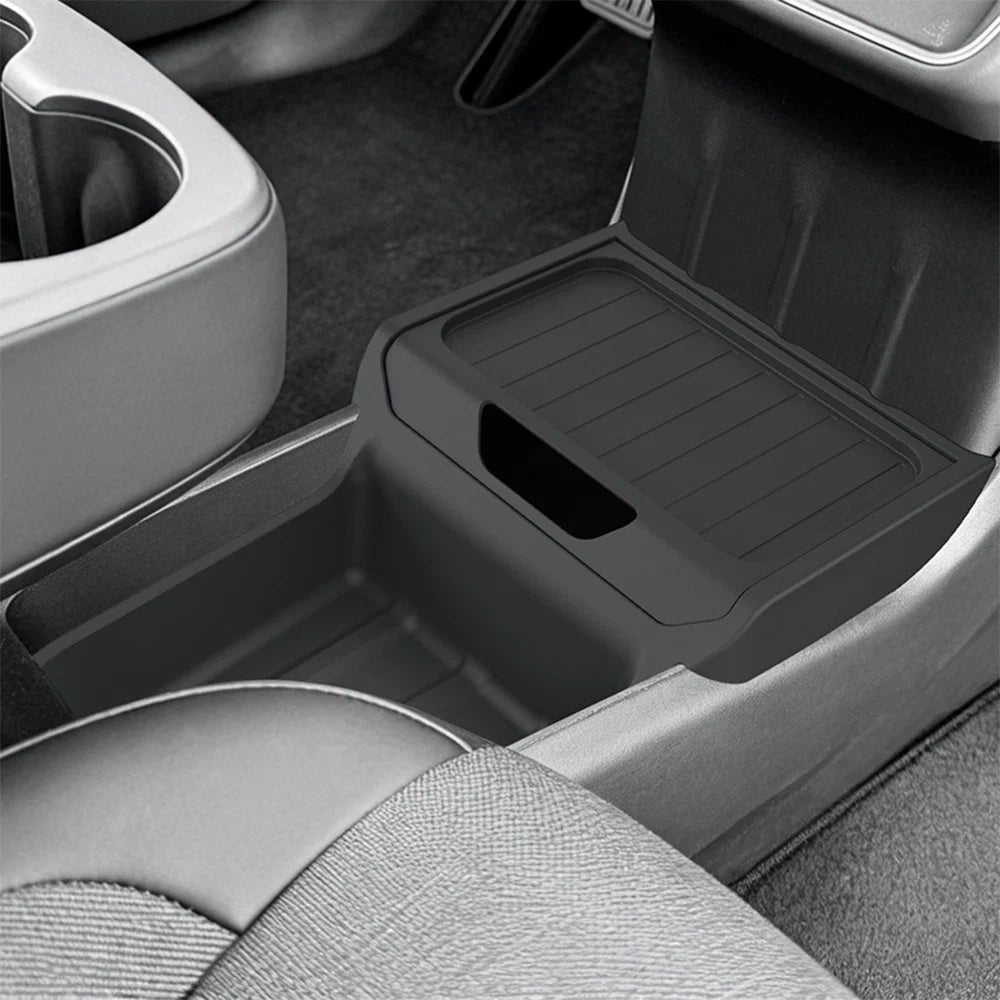 Lower Center Console Organizer Storage Tray for Tesla Model Y Juniper Standard (2026+) – Hidden Under-Console Storage Box with Partitioned Compartments, Flip Cover Design & Durable TPE Interior Organizer