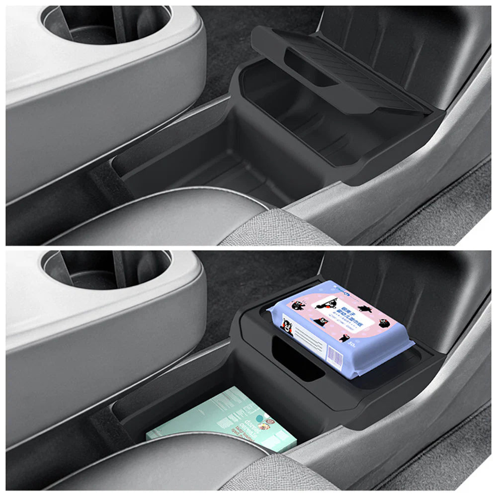 Lower Center Console Organizer Storage Tray for Tesla Model Y Juniper Standard (2026+) – Hidden Under-Console Storage Box with Partitioned Compartments, Flip Cover Design & Durable TPE Interior Organizer
