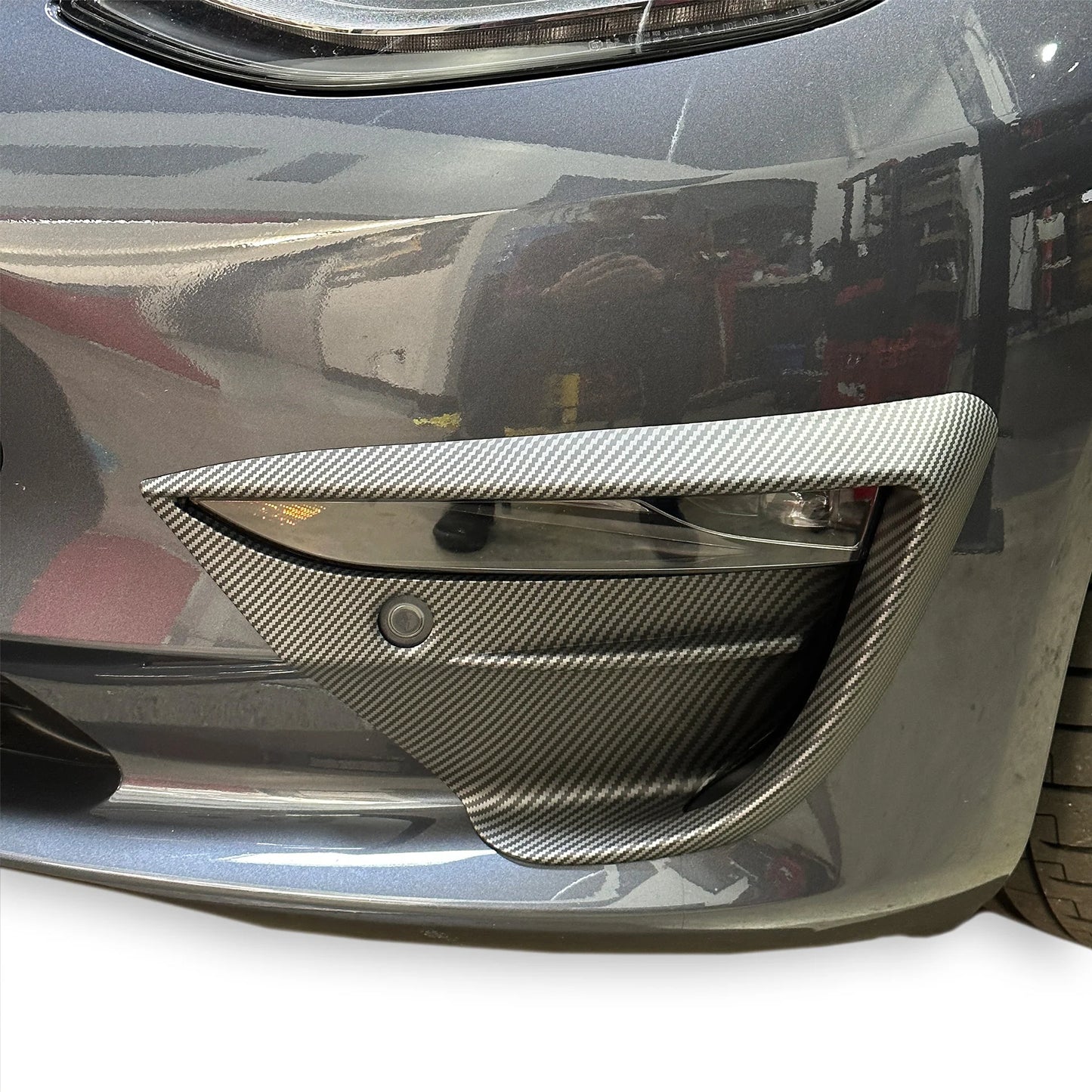 2017–2022 Tesla Model 3 Fog Light Canards (1 Pair) – Black-Out Style ABS Aero Trim | Gloss Black, Satin Black & Carbon Fiber Look