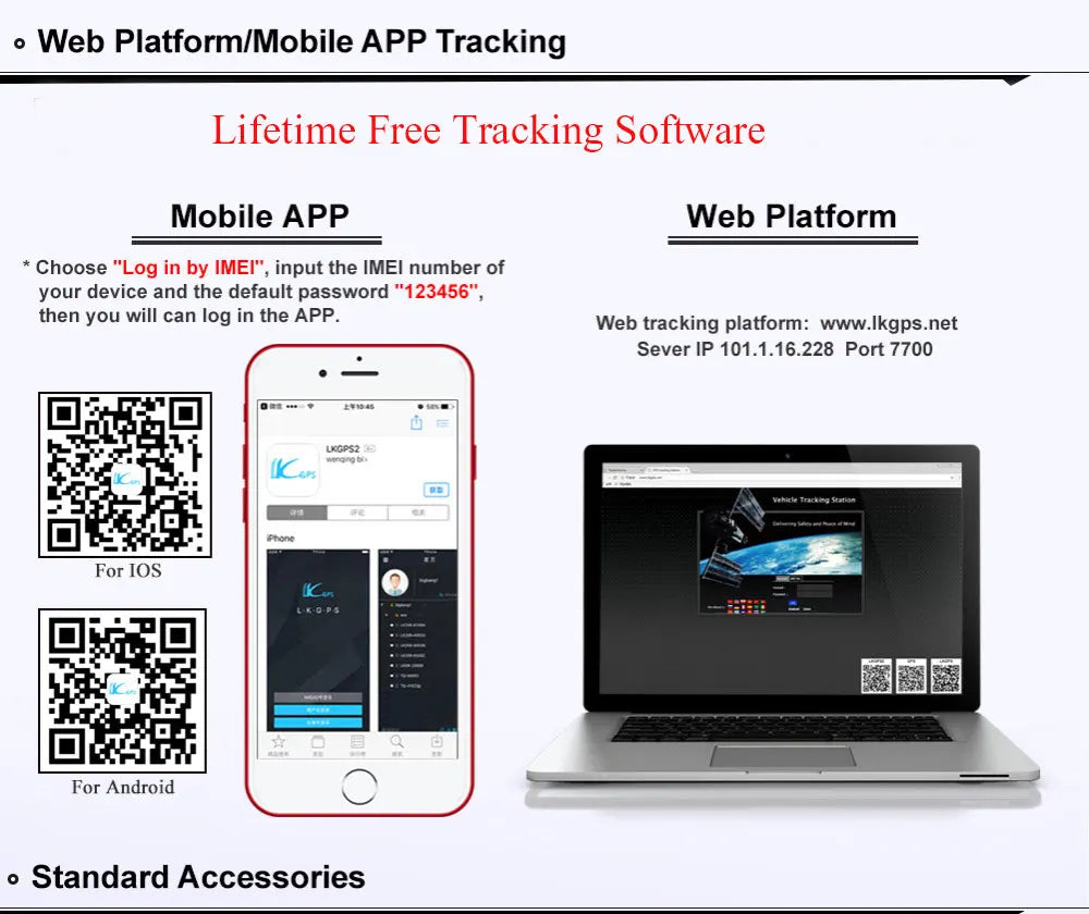 Mobile APP tracking software for lifetime free use, accessible via www.lkgps.net and default password '123456'.