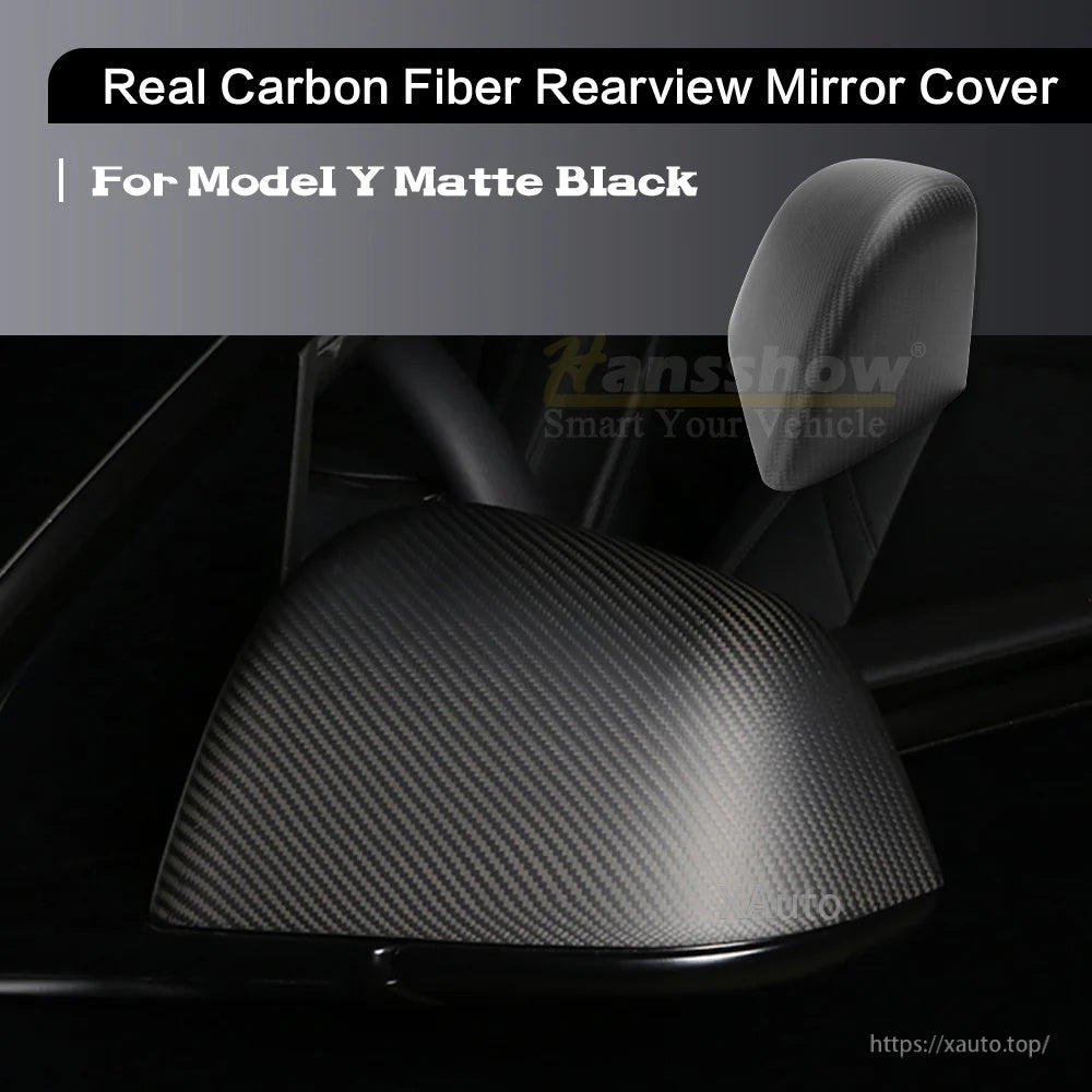 Hansshow real carbon fiber rearview mirror cover on Tesla Model Y, matte black finish close-up